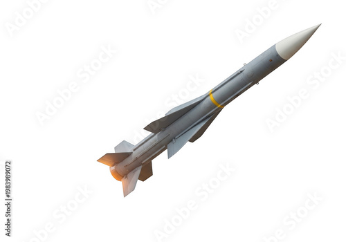 A sleek rocket with a pointed nose and orange flame at the base in flight