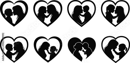 Silhouettes of mother and child inside heart shapes, symbolizing love, affection, family bond, parenting, and emotional connection artwork