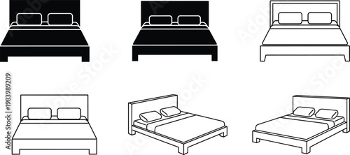 Six bed icons in solid and outline styles, showcasing diverse furniture designs, sleeping arrangements, and modern interior decor elements