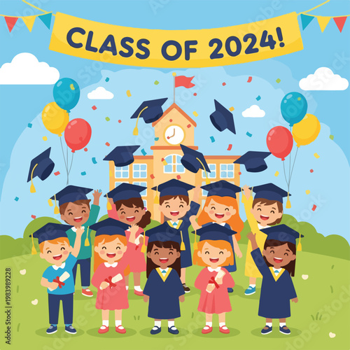 Happy children in graduation caps celebrate.