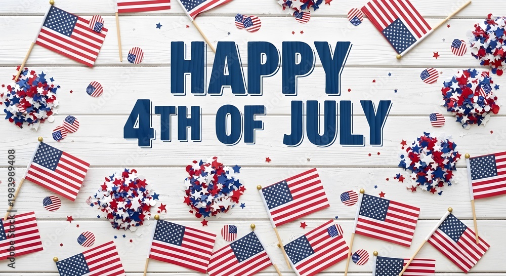 Fototapeta premium A festive 4th of July celebration with American flags and patriotic decorations on a white wooden background