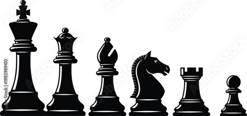 Stylized black silhouettes of six chess pieces including king, queen, bishop, knight, rook, and pawn for strategy and design