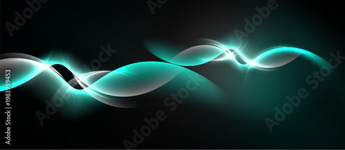 Abstract waves, teal glow, dark background. Smooth curves create dynamic visual effect. Light reflections add depth.
