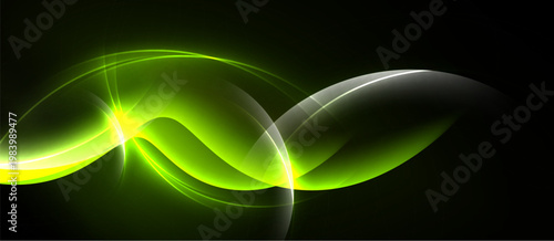 Abstract flowing shapes, vibrant green hues, luminous lines. Dark background emphasizes bright energy, creating dynamic visual impact.