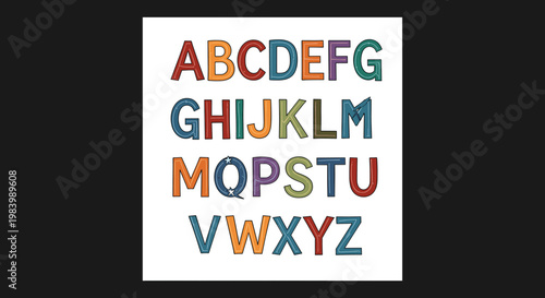 A colorful and artistic representation of the English alphabet, with each letter uniquely designed and colored, arranged in standard alphabetical order.