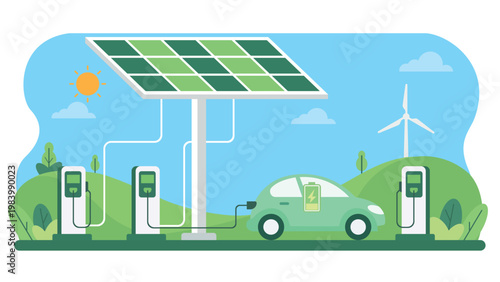 Solar powered electric vehicle charging station with green energy from sun and wind showing sustainable transport and eco friendly power solution