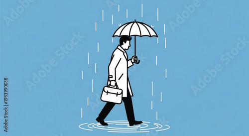 A professional woman in a suit stands holding a black umbrella for protection while walking under the rain, a concept of business success and staying safe in any weather