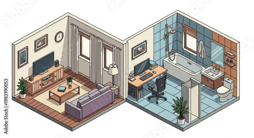Isometric illustration of a modern apartment interior design with living room and bathroom.