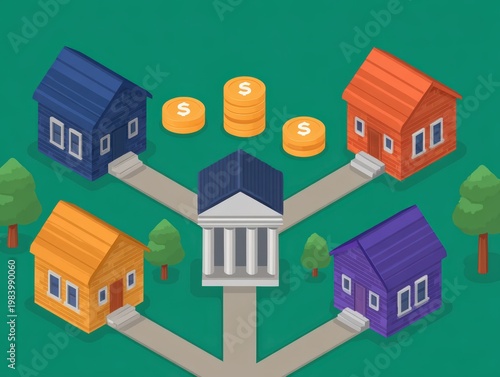 Central bank connected to four colorful houses with pathways and coins symbolizing financial transactions or mortgage lending.