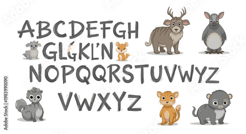 Alphabet with cute cartoon animals, including a deer, armadillo, squirrel, and lion cub, designed for educational purposes.