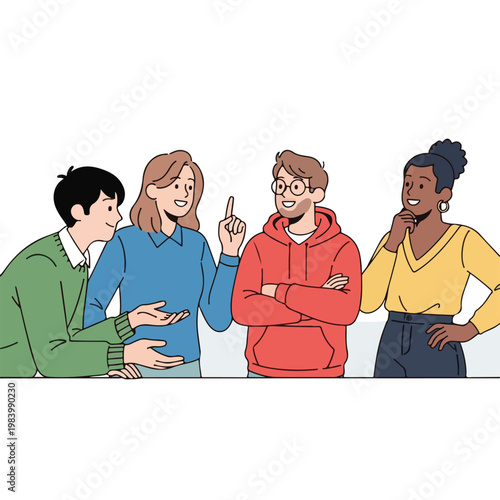 Four young adults in casual conversation.