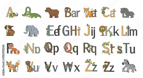 Alphabet with animals, letters A to Z, each letter is creatively designed with an animal or nature element.