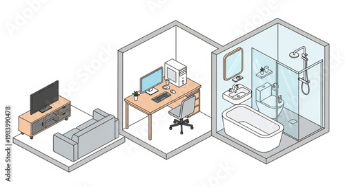 Isometric illustration of a small apartment layout with living room office and bathroom.