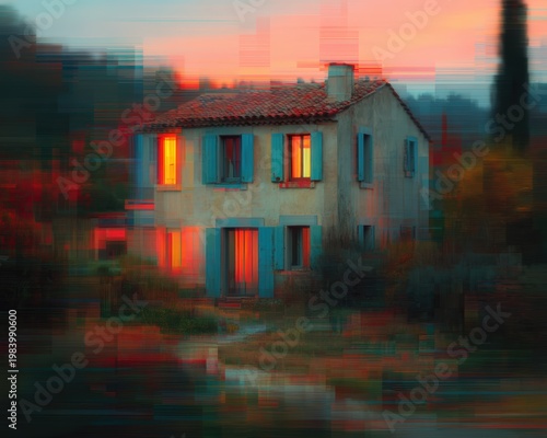 A rustic stone house with glowing windows stands amid a blurred, colorful twilight landscape.