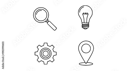 Minimal line icons featuring search, settings, and location symbols.