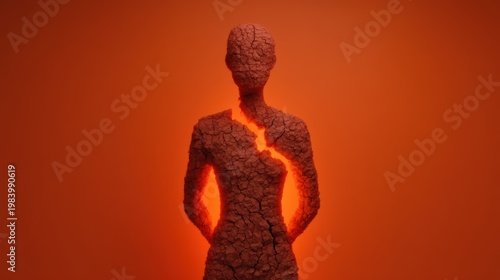 A cracked, human-shaped figure glows from within against an orange background, symbolizing inner strength, transformation, or emotional fracture.
