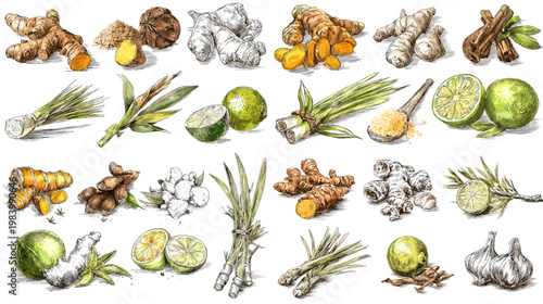 Watercolor herb and spice collection with garlic, ginger, lime, rosemary and turmeric, perfect for cooking design, organic packaging, natural remedies and wellness branding.