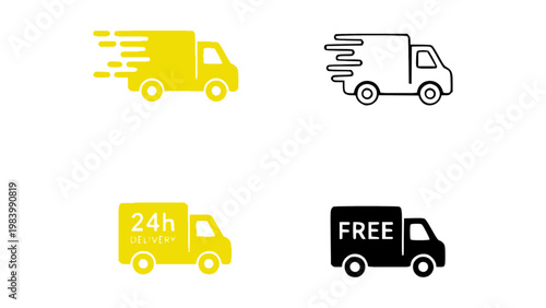 Flat icons of delivery trucks with fast and free shipping concepts.