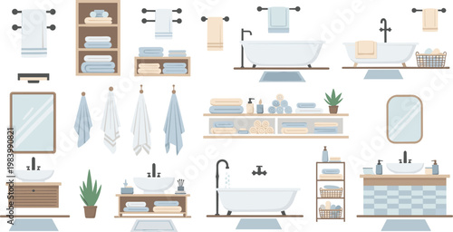 Modern Bathroom Interior Set with Bathtub, Sink, Mirror, Towel Rack, Shelves, and Home Decor Elements for Interior Design Illustrations