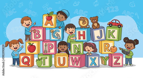Children happily playing and learning with alphabet blocks and educational toys, featuring letters, numbers, and various objects.