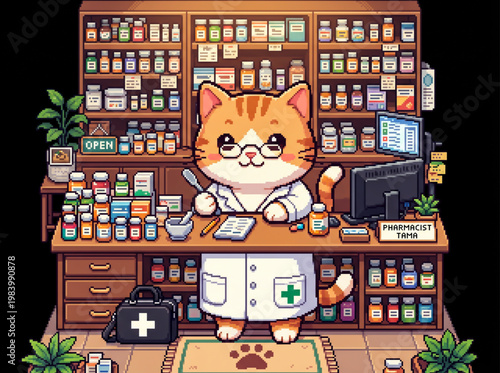 Cat Pharmacist in Pharmacy Drugstore Pixel Art Scene