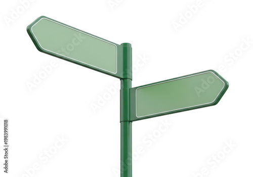 Two green directional road signs pointing in opposite directions on a pole
