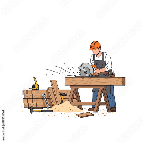 A person wearing a hard hat cuts wood with a circular saw