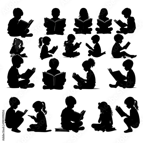 Silhouetted collection of various young children deeply engrossed in reading books