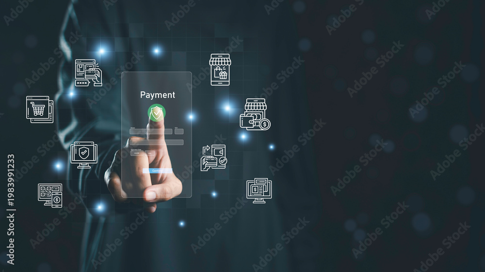 Fototapeta premium Secure digital payment interface with online transaction system, fintech technology, and mobile banking icons. Business finance concept showing safe money transfer, ewallet, and data protection.