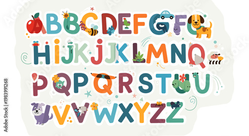 Colorful Alphabet with Cute Animals and Objects for Children's Education.