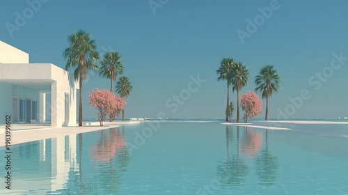 Aesthetic infinity pool with tropical palm trees reflecting on crystal water, futuristic sci-fi three dimensional scene set on dramatic seafront