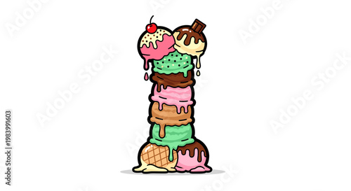 A tall, colorful stack of melting ice cream scoops with various flavors and toppings, forming a playful dessert illustration.