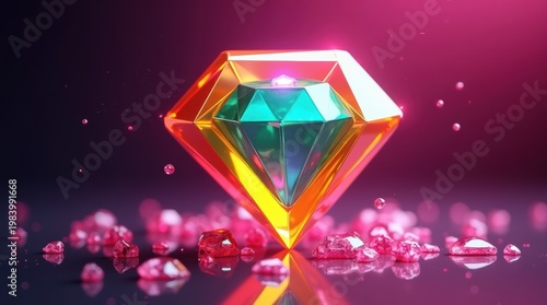 A luminous gemstone set against a cosmic backdrop of shimmering particles and blooms