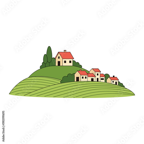 Minimalist vector illustration of village houses on green hills