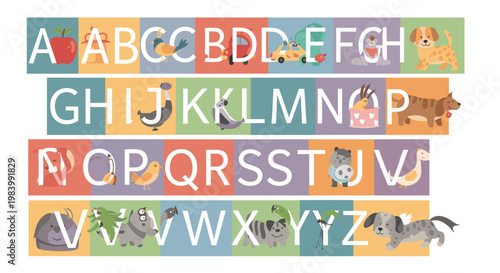Alphabet chart featuring uppercase letters from A to Z, each paired with a colorful illustration of an animal or object starting with that letter.