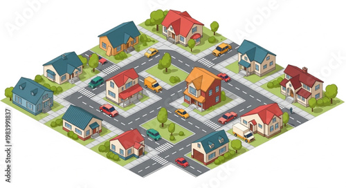 Isometric Neighborhood Houses Street Cars Trees Buildings.