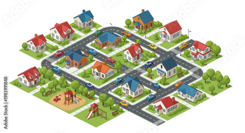 Isometric Neighborhood Houses Street Cars Park Playground.