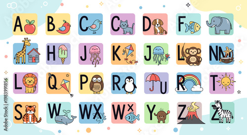 Colorful alphabet chart featuring cartoon illustrations of animals, objects, and concepts for each letter from A to Z, designed for early childhood education.