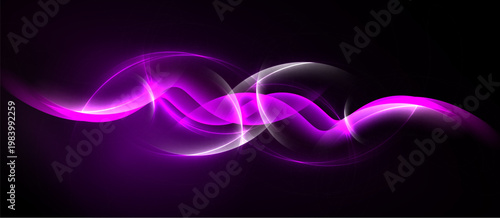 Abstract purple light waves flow across black background. Smooth curves create dynamic energy, vibrant visual effect.