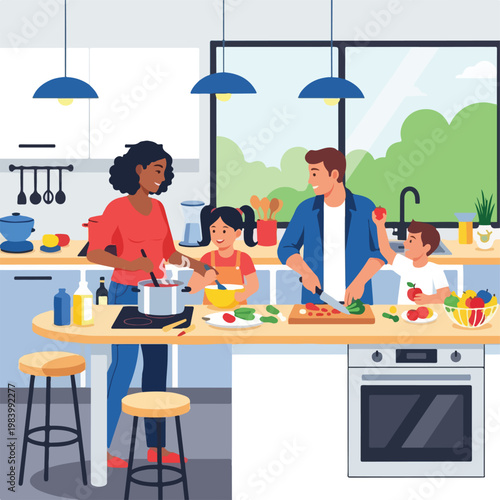 Family Cooking Together In Kitchen.