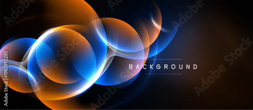 Abstract design features vibrant orange, blue glows. Dynamic curves create flowing energy, modern aesthetic. Dark background emphasizes luminosity.