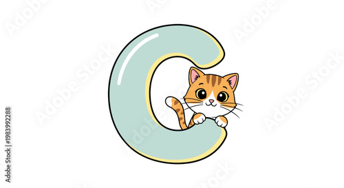 A cute cartoon ginger tabby kitten peeking out from behind a large, light blue letter C.