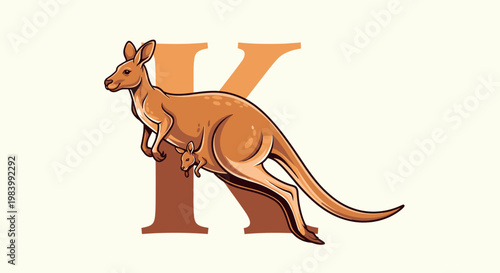 Illustration of a mother kangaroo with a joey in her pouch, standing in front of a large letter K, on a light background.