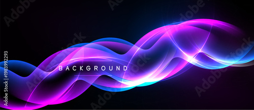 Abstract flowing lines, vibrant colors. Blue, purple, pink waves against black backdrop. Modern design element, dynamic energy.