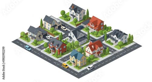 Isometric Neighborhood Houses Street View with Cars and Trees.