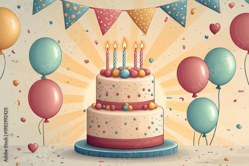 Two-tier celebration cake with five lit candles, colorful candy decorations on a blue cake stand surrounded by pastel balloons, bunting banners, confetti and a joyful festive atmosphere