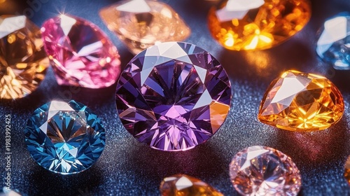 close-up of multicolored faceted gemstones on a glittering dark surface with a large central purple round gem surrounded by blue, pink and amber stones, dazzling and luxurious