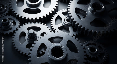A group of interlocking metal gears