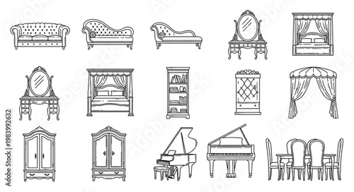 Collection of antique furniture and musical instruments in sketch style.