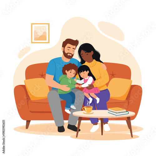 Happy family sitting on sofa together.